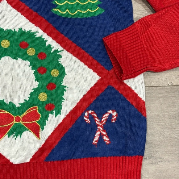 Women’s Tipsy Elves Holiday Christmas Tree Bells Large Sweater Red Colorful EUC - Picture 6 of 8
